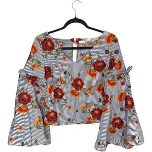 Boston Proper Boho Poplin Striped Floral Embroidered Bell Sleeve Blouse size 4